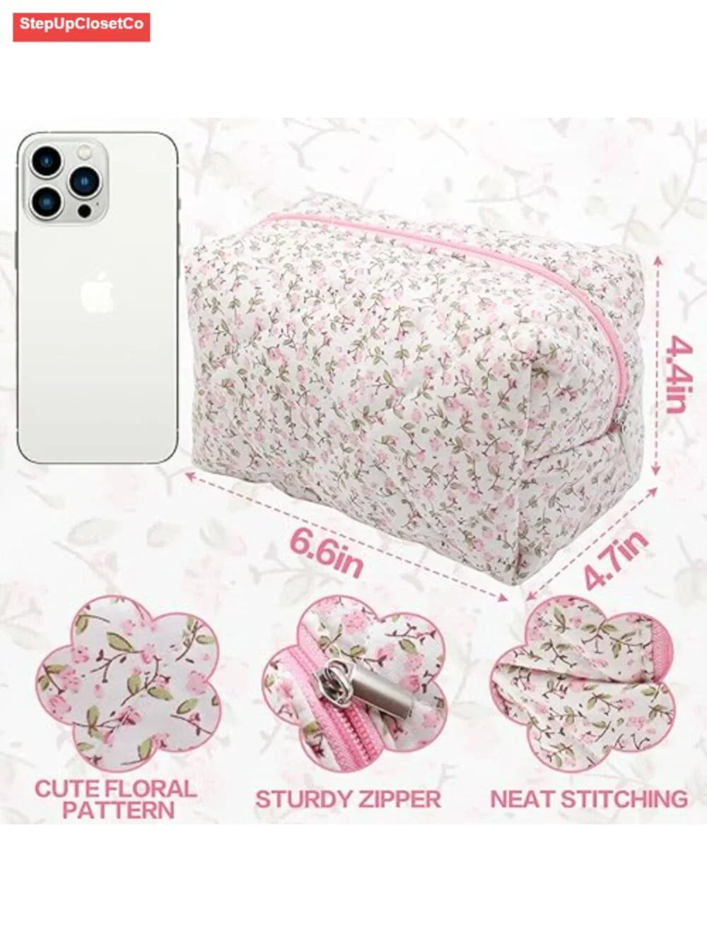 Quilted Cotton Floral Makeup Bag Pouch Toiletry Organizer Travel Storage Zipper